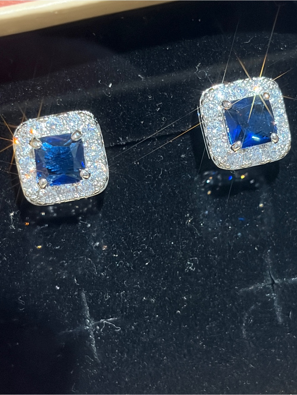 New Lab Sapphire Royal Blue Silver Tone Halo Pave Studs Earrings